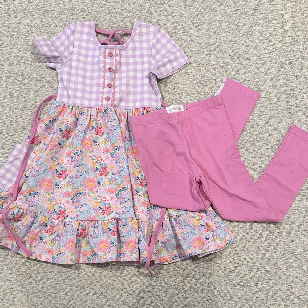 Girls' Pink Floral & Gingham Matching Set - Includes Dress & Leggings